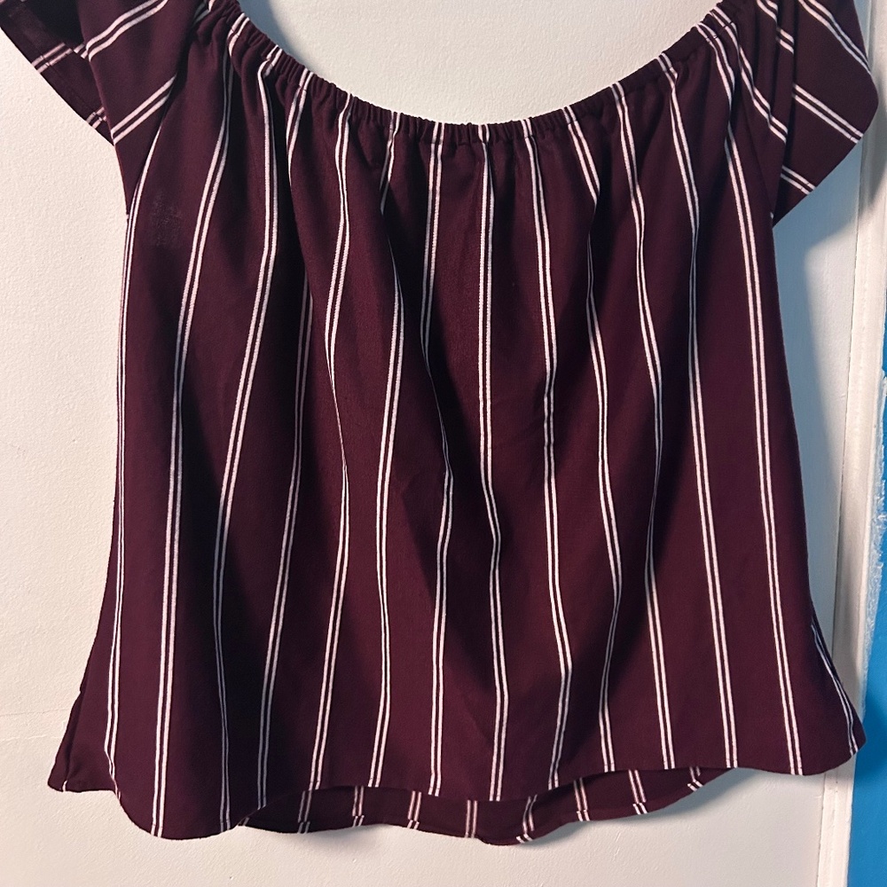 Burgundy & White Striped Off-Shoulder Blouse